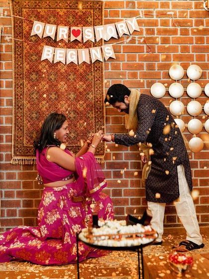 A surprise proposal moment captured indoors, with confetti and a "Our Story Begins" banner. I am always ready to capture these once-in-a-lifetime candid moments.