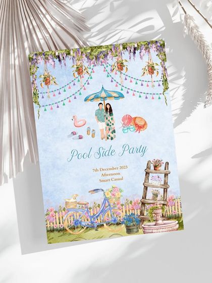 A fun and casual card from a wardrobe planner, designed for a Pool Side Party. The illustration shows the couple relaxing by the pool, surrounded by playful flamingos and tropical flowers, inviting guests to unwind and celebrate.