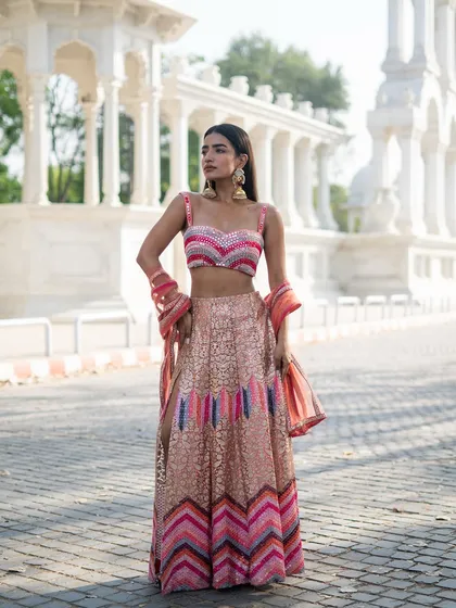 A beautiful piece from our Pastel Pink Edit. This lehenga features a stunning multi-coloured chevron and mirror-work blouse.