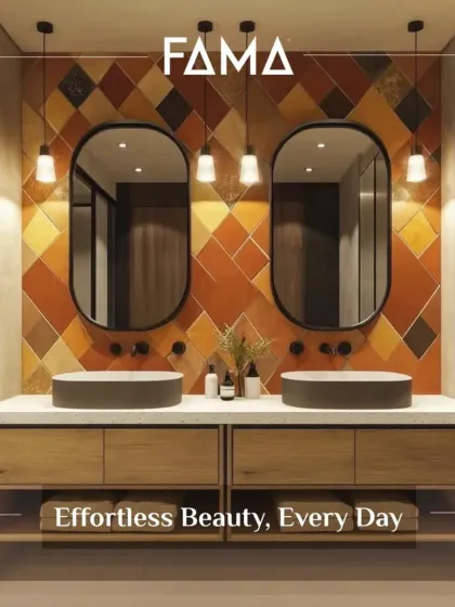 Effortless beauty, every day. This vibrant bathroom with its colorful tiled wall and dual-sink vanity is not just visually striking; its M-Core surfaces ensure it's also durable and easy to maintain.