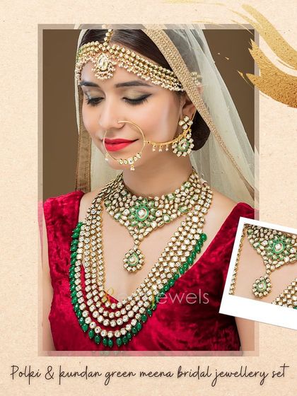 Make a statement with this regal Polki and Kundan bridal set featuring green Meena work. The rental includes the choker, a stunning multi-layered long necklace, earrings, matha patti, hathphool, and a matching nath.