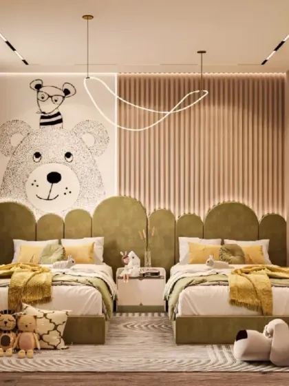 Designing for twins requires a balance of individuality and harmony. Here, we created a symmetrical layout with matching custom headboards, individual bedding, and a central nightstand, giving each child a comfortable space of their own.