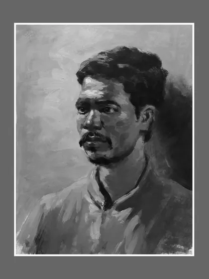 A black and white version of the acrylic portrait study, useful for checking the light and shadow structure.