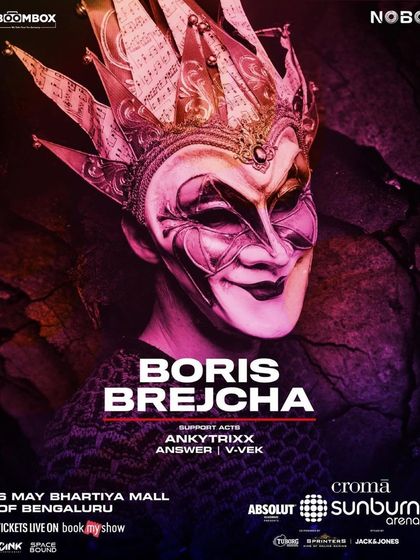 The official poster for the Boris Brejcha show in Bengaluru, featuring his iconic mask and the lineup of supporting local artists.