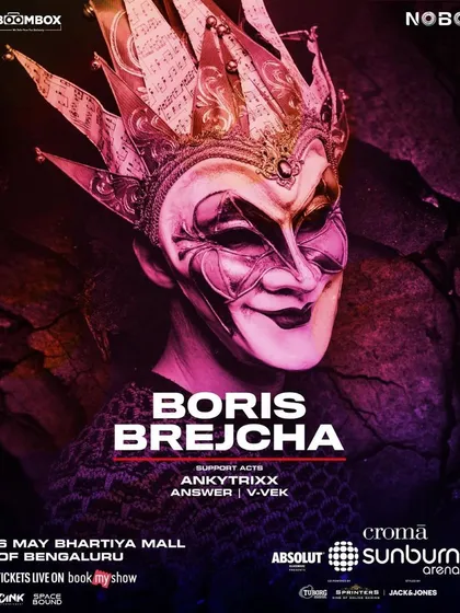 The official poster for the Boris Brejcha show in Bengaluru, featuring his iconic mask and the lineup of supporting local artists.
