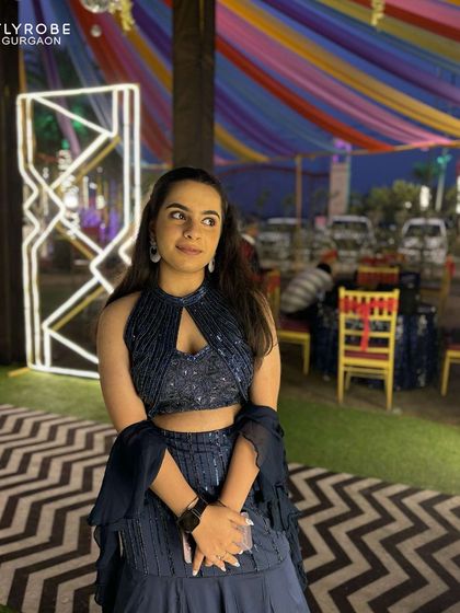 Slay in style without the splurge. This happy customer is glowing in a gorgeous navy blue co-ord set, perfect for a sangeet night.