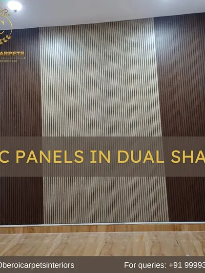 This wall demonstrates a three-part design using our WPC fluted panels. The combination of dark and light wood shades creates a sophisticated and balanced look, perfect for a living room or bedroom.