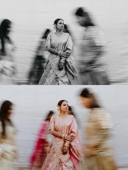 A diptych that plays with motion blur to create an artistic effect. The black and white version adds a layer of drama and timelessness, focusing on the bride as a serene presence amidst the blur of movement.