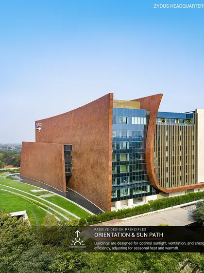 The orientation of the Zydus Headquarters is a primary passive design principle. The building is sited for optimal sunlight, ventilation, and energy efficiency, adjusting its form to respond to seasonal heat and warmth.