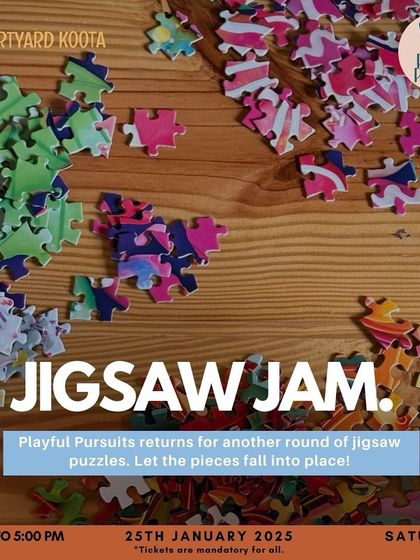 A simple, clean poster for a Jigsaw Jam, with puzzle pieces scattered on a wooden table.