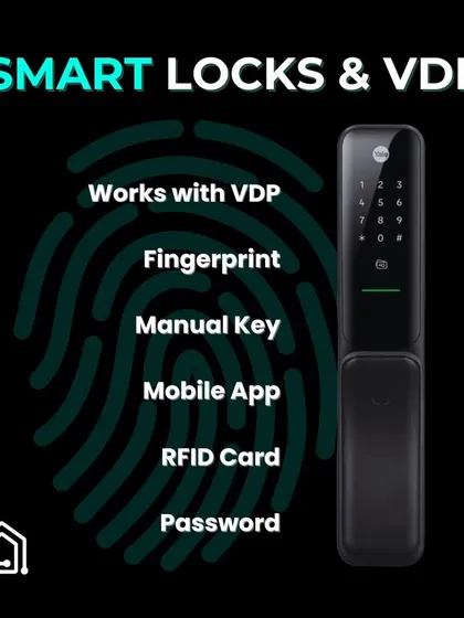For a complete security setup, I integrate smart locks with Video Door Phones (VDP). This image shows the multiple ways to access your home, including fingerprint, mobile app, and RFID card, all working together with your VDP system.