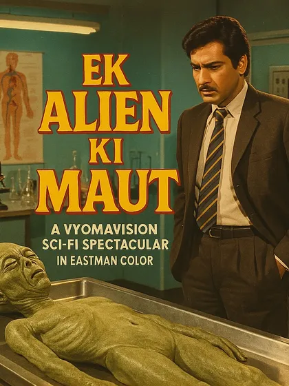 A still from the fictional VyomaVision film 'Ek Alien Ki Maut', showing a scientist examining a dead alien. This series allows me to tell stories through the visual language of a lost film studio.