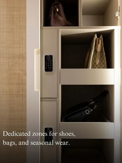 This custom wardrobe features dedicated compartments for handbags and multiple digital lockers for valuables. It’s about creating storage that is tailored to your specific needs and lifestyle.