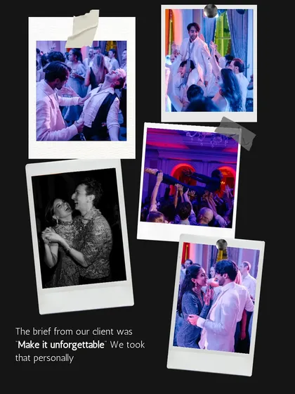 The brief from our client was 'Make it unforgettable.' We took that personally. This collage of polaroids captures the wild, joyful energy of an afterparty where guests danced till dawn.