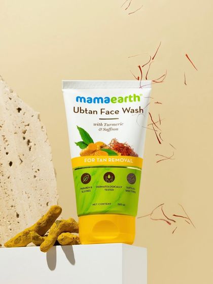 We used earthy elements like stone and raw ingredients (turmeric and saffron) to style this Ubtan Face Wash. The warm, natural lighting and textures communicate the product's traditional and organic roots.