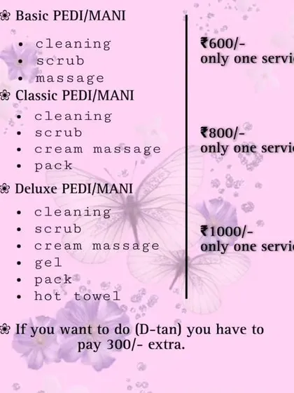 Here is a clear breakdown of my manicure and pedicure services. I offer everything from a Basic Pedi/Mani for essential upkeep to a Deluxe treatment that includes a cream massage, gel application, and a hot towel wrap for ultimate relaxation. All prices are listed upfront so you know exactly what to expect.