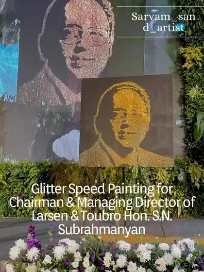 This is the final glitter speed painting I created for the Chairman & Managing Director of Larsen & Toubro. The artwork captures his portrait in gold and silver glitter, serving as a lasting memento of the inauguration event and a tribute to his leadership.