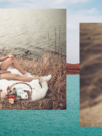 A collage showcasing the serene and happy moments of a couple's picnic by the lake.