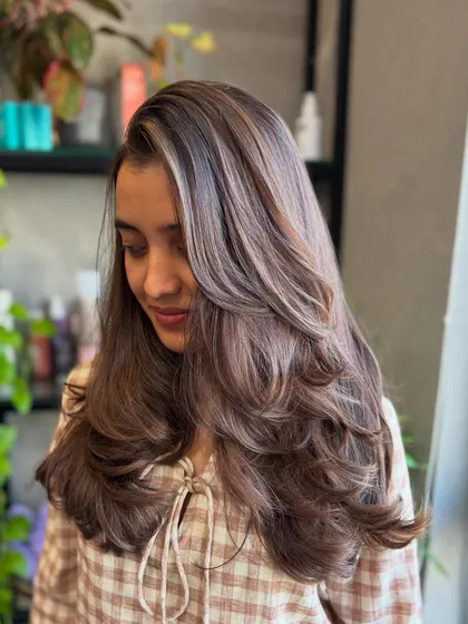 A closer look at the Frosted Hazelnut color. You can see the beautiful, cool-toned dimension we created without using any bleach.