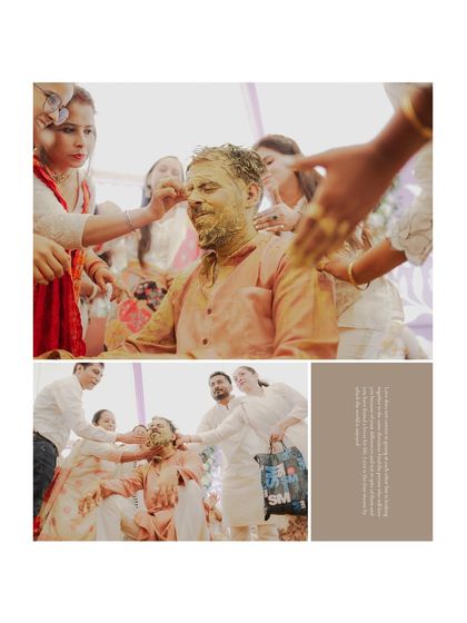 A collage showing the groom being playfully smeared with haldi by his family and friends.