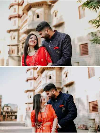 Two portraits from a heritage pre-wedding shoot, showcasing the couple against the beautiful stone facade of an old building. The warm sunlight enhances the romantic and cheerful mood.