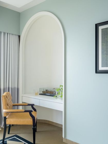 Glimpses of Natyana, our latest 2300 sq. ft. wonder. This carved-out study nook within a guest bedroom is crafted for focus, with a beautiful archway that defines the space without closing it off.