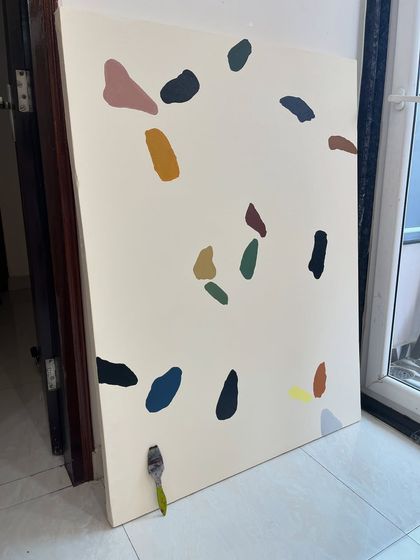 A large 3ft x 4ft canvas with a terrazzo-inspired pattern. The scattered, colorful shapes on a neutral background create a playful and modern look, perfect for a cafe or a contemporary home.