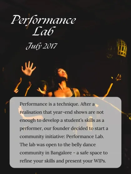A graphic explaining the origins of our Performance Lab, a community initiative started in 2017 to provide a safe space for dancers to develop their skills.