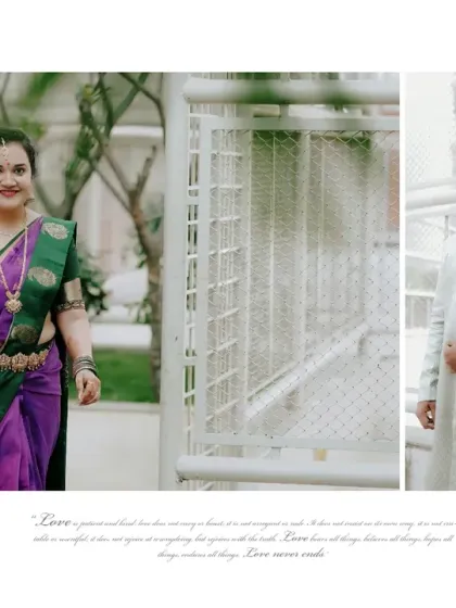 A collage showcasing the bride's elegant saree and the couple's happy embrace, telling a story of love and togetherness.