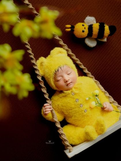 A playful and sweet bumblebee theme for a newborn. Dressed in a fuzzy yellow bear outfit, the baby sleeps on a tiny swing, accompanied by a knitted bee prop.