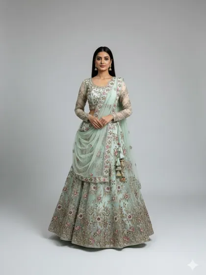 Look absolutely graceful in this pastel mint green lehenga, ideal for a day wedding or an engagement ceremony. The delicate floral embroidery in soft pink and rose tones, paired with a modern pre-draped dupatta, creates a fresh and sophisticated look.