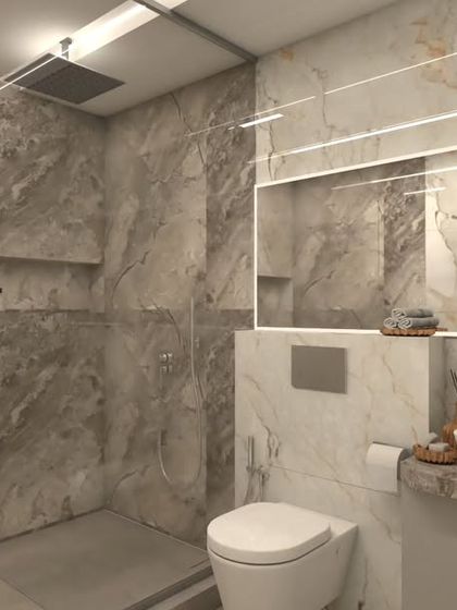 A 3D render of a luxurious bathroom design. We used large format marble-look tiles and integrated LED lighting around the mirror to create a spa-like ambiance.