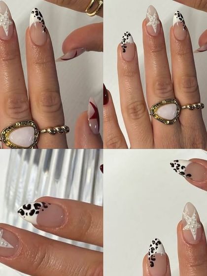 A collage showing the details of this mixed-media set with stars and animal print.