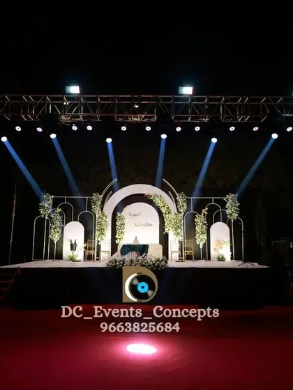 For large-scale receptions and Sangeets, we provide full stage production including robust metal trusses, moving beam lights, and spot lighting to create a concert-like experience.
