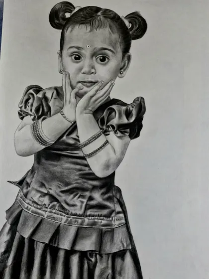 A sketch of a young girl with a curious and cute expression. Children's portraits are about capturing that innocent spark, and I love drawing their expressive faces.