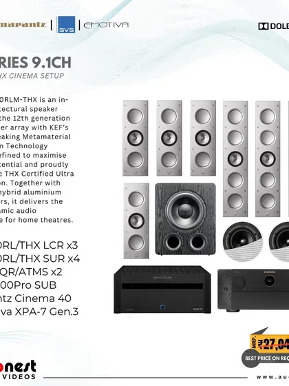 For the ultimate enthusiast, we offer THX Certified cinema packages. This KEF CI Series 9.1 channel setup, powered by Marantz and Emotiva, is designed to meet rigorous standards for audio performance, delivering sound exactly as the director intended.