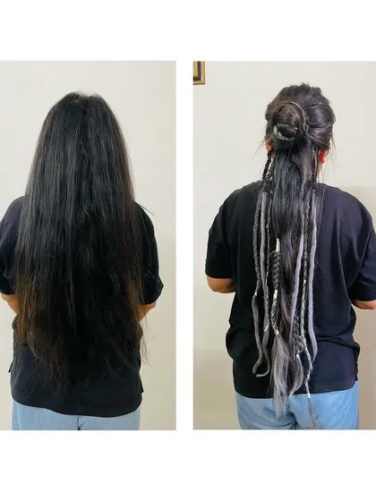 This is the power of a partial dreadlock installation. On the left is the client's beautiful natural hair, and on the right is the result after I added a set of custom silver and grey loc extensions. This style gives you the dreadlock look while keeping some of your hair free, offering incredible versatility.
