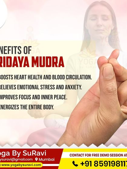 This graphic details the benefits of Hridaya Mudra, including relieving emotional stress, improving focus, and energizing the entire body.
