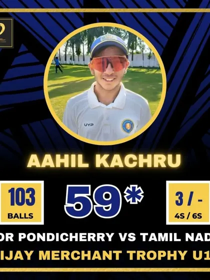 Aahil Kachru plays a crucial unbeaten knock of 59 to help Pondicherry chase down 279 against Tamil Nadu in the Vijay Merchant Trophy U16.