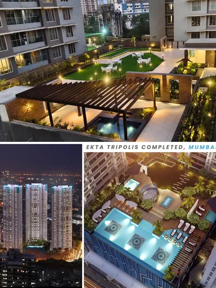 A collage showcasing the completed Ekta Tripolis project. It highlights the 36-storey towers and the fully finished recreational zones, reflecting a vision of modern, meaningful urban living.