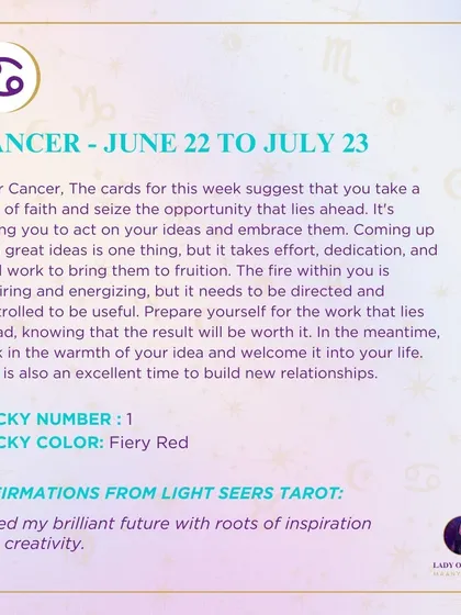 This week's tarot reading for Cancer. The cards for this week suggest that you take a leap of faith and seize the opportunity that lies ahead. Prepare yourself for the work.