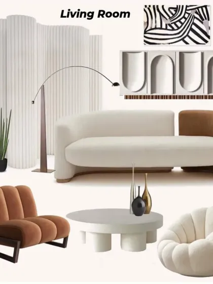 A living room mood board centered around sculptural and curved furniture in warm, earthy tones, creating a space that is both modern and inviting.