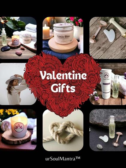 This collage showcases the variety of Valentine's gifts I offer. From individual products like my body oil and candles to curated Love Kits, you can find the perfect symphony of serenity for your special someone.