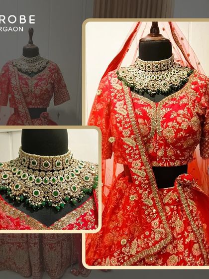Inspired by the grandeur of Heeramandi, this red bridal lehenga with a statement green Kundan necklace is pure royalty. Rent this look to feel like a queen.