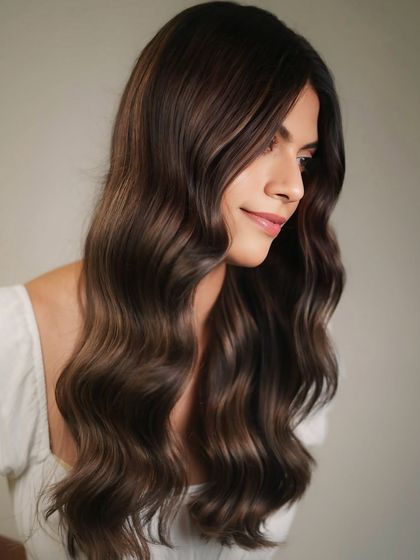 A beautiful example of a Mocha Caramel blend. We use balayage to create soft, natural-looking highlights that add warmth and dimension to the hair, styled here in classic waves.