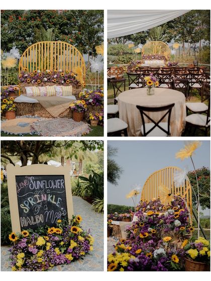 A collage summarizing the "Sunlit Bloom" Haldi theme, showing the seating area, chalkboard sign, and the main photo backdrop with its vibrant mix of purple and yellow.