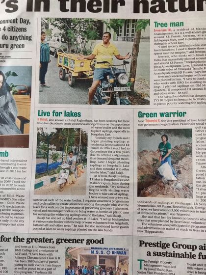 The full newspaper spread from the Bangalore Mirror feature. It's wonderful to be featured alongside other passionate individuals working on lake rejuvenation and tree planting in our city.