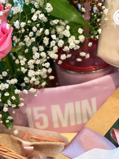 A peek at the thoughtful details inside the bride's hamper, including a "15 MIN" item, showcasing the mix of fun and practical gifts we include.