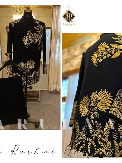This black bandhgala suit is all about understated royalty. I used rich black fabric and embellished it with intricate, dense gold zardosi work. The design flows from the shoulders down the sleeves and along the hem, creating a powerful silhouette perfect for a sangeet or reception.
