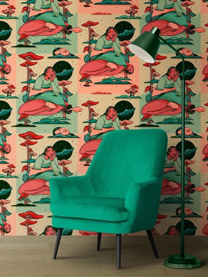 The 'Daydreaming' pattern imagined as wallpaper, creating a whimsical and introspective atmosphere in a room.